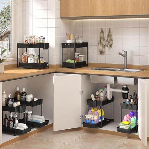 Sevenblue 3 Pack Under Sink Organizers,2-Tier Multi-Use Kitchen and Bathroom Organizers and Storage with Sliding Drawers,Bathroom Cabinet Organizer (Black, 12.8 Inch) - My Kitchen Products