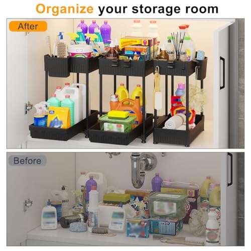 Sevenblue 3 Pack Under Sink Organizers,2-Tier Multi-Use Kitchen and Bathroom Organizers and Storage with Sliding Drawers,Bathroom Cabinet Organizer (Black, 12.8 Inch) - My Kitchen Products