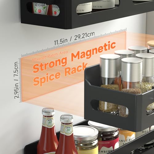 Sevenblue 4 Pack Strong Magnetic Spice Rack for Refrigerator, Multipurpose Magnetic Shelf for Fridge with 4 Hooks for Kitchen and Bathroom Organization, Black - My Kitchen Products