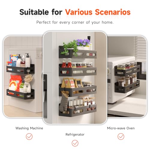 Sevenblue 4 Pack Strong Magnetic Spice Rack for Refrigerator, Multipurpose Magnetic Shelf for Fridge with 4 Hooks for Kitchen and Bathroom Organization, Black - My Kitchen Products