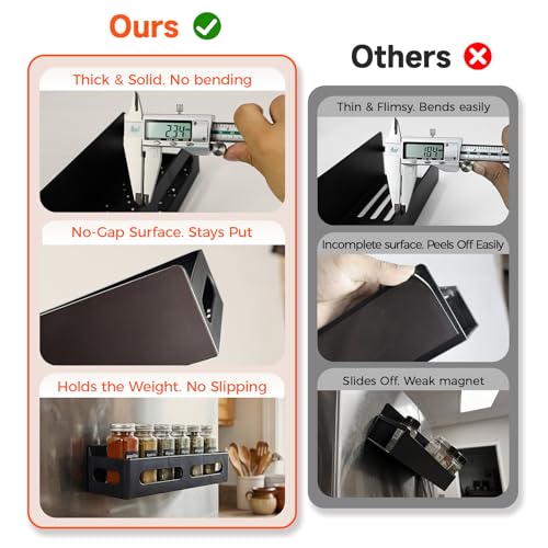 Sevenblue 4 Pack Strong Magnetic Spice Rack for Refrigerator, Multipurpose Magnetic Shelf for Fridge with 4 Hooks for Kitchen and Bathroom Organization, Black - My Kitchen Products