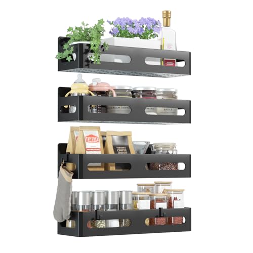 Sevenblue 4 Pack Strong Magnetic Spice Rack for Refrigerator, Multipurpose Magnetic Shelf for Fridge with 4 Hooks for Kitchen and Bathroom Organization, Black - My Kitchen Products