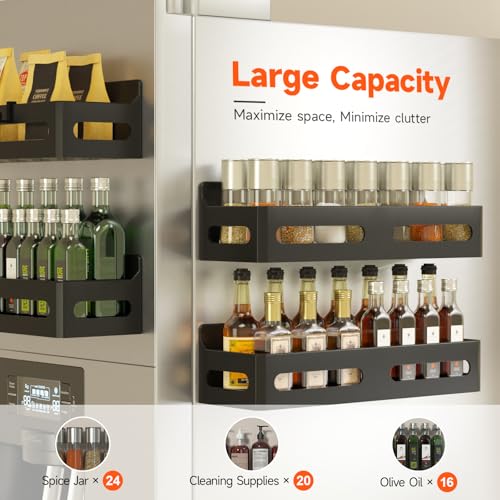 Sevenblue 4 Pack Strong Magnetic Spice Rack for Refrigerator, Multipurpose Magnetic Shelf for Fridge with 4 Hooks for Kitchen and Bathroom Organization, Black - My Kitchen Products