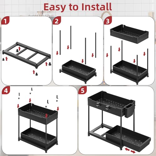 Sevenblue 4 Pack Under Sink Organizer, Bathroom Organizers and Storage, 2 Tier Multi-Use Pull Out Cabinet Organizer with Hang Hooks and Cups (Black, 4 Pack) - My Kitchen Products