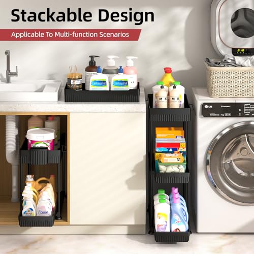 Sevenblue 4 Pack Under Sink Organizer, Bathroom Organizers and Storage, 2 Tier Multi-Use Pull Out Cabinet Organizer with Hang Hooks and Cups (Black, 4 Pack) - My Kitchen Products
