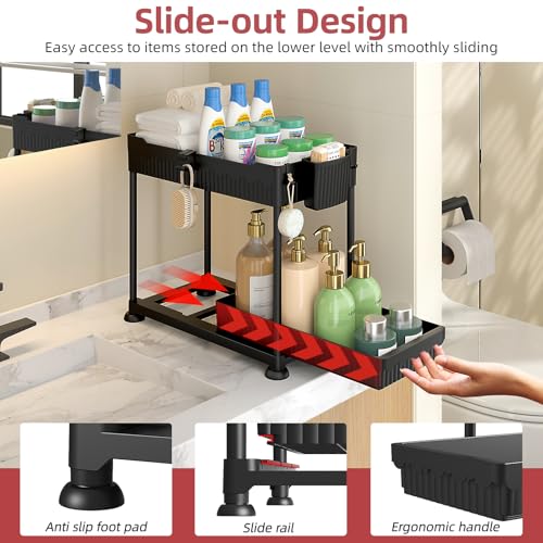 Sevenblue 4 Pack Under Sink Organizer, Bathroom Organizers and Storage, 2 Tier Multi-Use Pull Out Cabinet Organizer with Hang Hooks and Cups (Black, 4 Pack) - My Kitchen Products