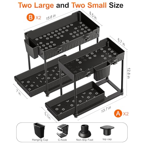 Sevenblue 4 Pack Under Sink Organizer, Bathroom Organizers and Storage, 2 Tier Multi-Use Pull Out Cabinet Organizer with Hang Hooks and Cups (Black, 4 Pack) - My Kitchen Products
