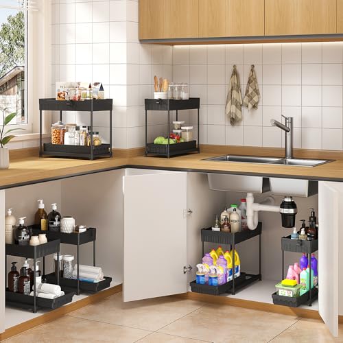 Sevenblue 4 Pack Under Sink Organizer, Bathroom Organizers and Storage, 2 Tier Multi-Use Pull Out Cabinet Organizer with Hang Hooks and Cups (Black, 4 Pack) - My Kitchen Products