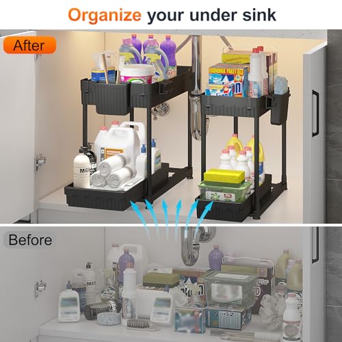 Sevenblue 4 Pack Under Sink Organizer, Bathroom Organizers and Storage, 2 Tier Multi-Use Pull Out Cabinet Organizer with Hang Hooks and Cups (Black, 4 Pack) - My Kitchen Products
