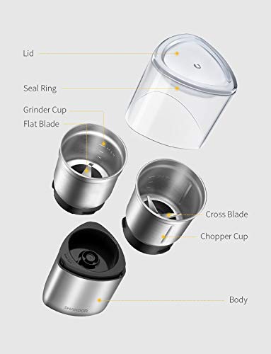SHARDOR Electric Coffee Grinder Herb Blade Grinder Spices Grinder with 2 Removable Stainless Steel Bowls, Silver - My Kitchen Products