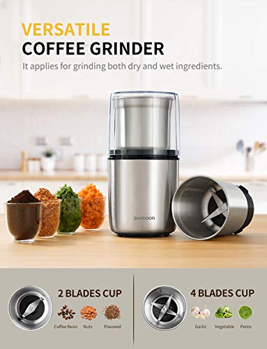 SHARDOR Electric Coffee Grinder Herb Blade Grinder Spices Grinder with 2 Removable Stainless Steel Bowls, Silver - My Kitchen Products