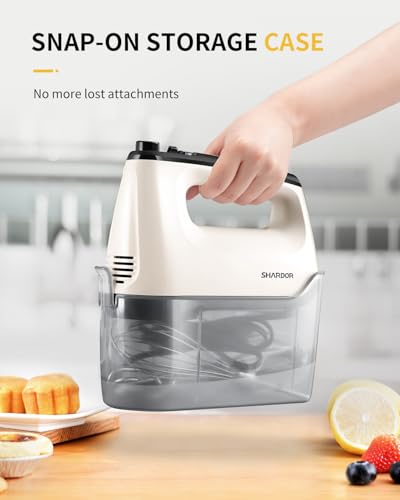 SHARDOR Hand Mixer Electric, 6 Speed & Turbo Mixer Electric Handheld, Snap-On Storage Case,5 Stainless Steel Accessories for Whipping, Mixing Cookies, Brownie, Cakes, Dough Batters, White - My Kitchen Products