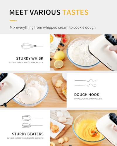 SHARDOR Hand Mixer Electric, 6 Speed & Turbo Mixer Electric Handheld, Snap-On Storage Case,5 Stainless Steel Accessories for Whipping, Mixing Cookies, Brownie, Cakes, Dough Batters, White - My Kitchen Products