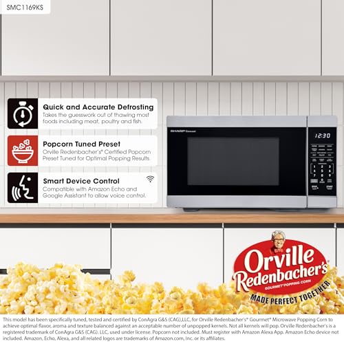 SHARP Countertop Microwave Oven Compatible with Alexa Orville Redenbacher's Certified with Removable 12.4" Carousel Turntable, 1000 Watt, 1.1 Cubic Feet, Stainless Steel - My Kitchen Products