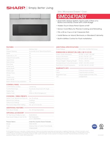 SHARP SMD2470ASY Microwave Drawer Oven, 24-inch, 1.2 Cubic Feet, 950 Watt, Concealed Control Panel with Digital LCD Display, Stainless Steel - My Kitchen Products