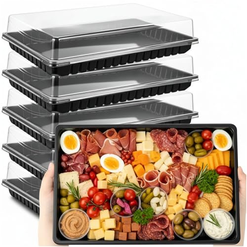 Shellwei 5 Pack Extra Large Charcuterie Board with Lids, 15 x 10 Inch Plastic Catering Trays for Cookies, Desserts