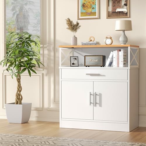 Shintenchi Kitchen Buffet Cabinet with Adjustable Shelf, Modern Kitchen Storage Cabinet,Farmhouse Coffee Bar Cabinet（White） - My Kitchen Products