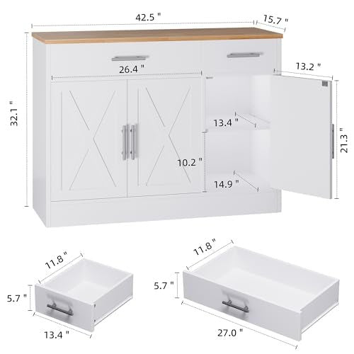 Shintenchi Modern Farmhouse Sideboard Buffet Cabinet with Storage with 3 Doors,42" Barn Doors Buffet Cabinet with Storage, Wood Coffee Bar Cabinets with Adjustable Shelf for Kitchen Living Room,White - My Kitchen Products