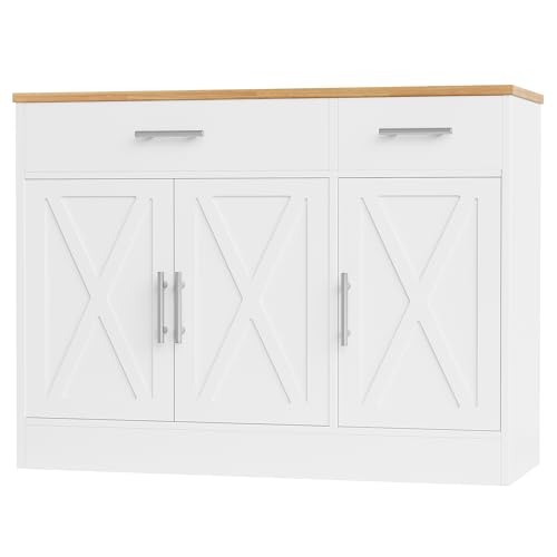 Shintenchi Modern Farmhouse Sideboard Buffet Cabinet with Storage with 3 Doors,42" Barn Doors Buffet Cabinet with Storage, Wood Coffee Bar Cabinets with Adjustable Shelf for Kitchen Living Room,White - My Kitchen Products