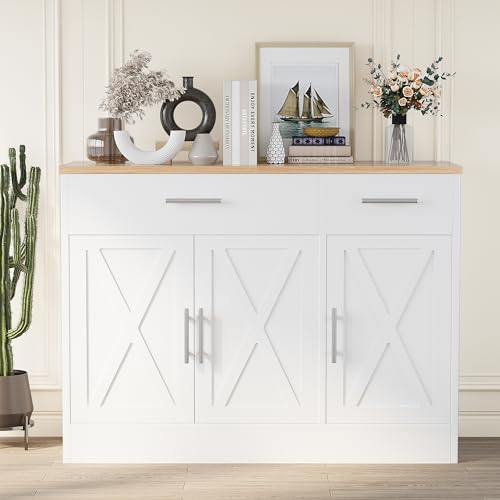 Shintenchi Modern Farmhouse Sideboard Buffet Cabinet with Storage with 3 Doors,42" Barn Doors Buffet Cabinet with Storage, Wood Coffee Bar Cabinets with Adjustable Shelf for Kitchen Living Room,White - My Kitchen Products
