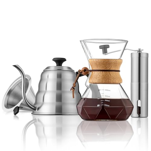 shoxil Pour Over Coffee Maker Set – 40oz Gooseneck Kettle with Thermometer, Coffee Grinder & 20oz Drip Coffee Maker – Stainless Steel Pour Over Coffee Set - My Kitchen Products