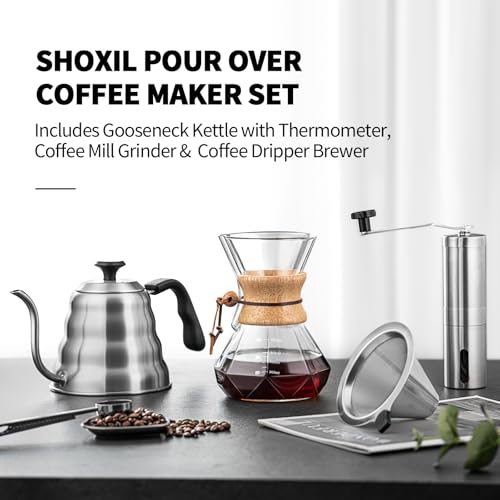 shoxil Pour Over Coffee Maker Set – 40oz Gooseneck Kettle with Thermometer, Coffee Grinder & 20oz Drip Coffee Maker – Stainless Steel Pour Over Coffee Set - My Kitchen Products