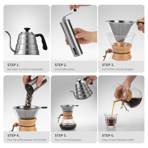 shoxil Pour Over Coffee Maker Set – 40oz Gooseneck Kettle with Thermometer, Coffee Grinder & 20oz Drip Coffee Maker – Stainless Steel Pour Over Coffee Set - My Kitchen Products