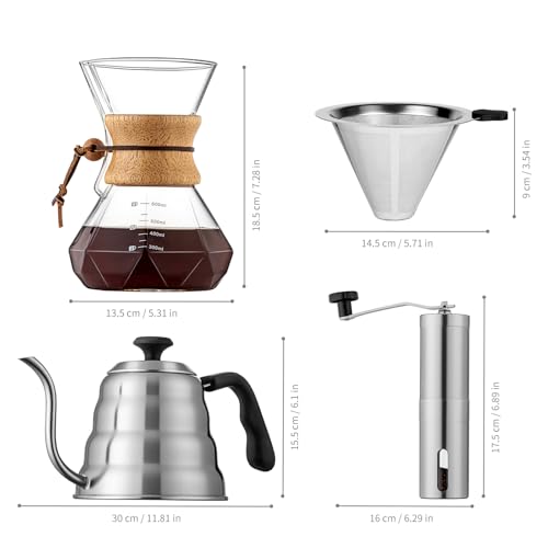 shoxil Pour Over Coffee Maker Set – 40oz Gooseneck Kettle with Thermometer, Coffee Grinder & 20oz Drip Coffee Maker – Stainless Steel Pour Over Coffee Set - My Kitchen Products