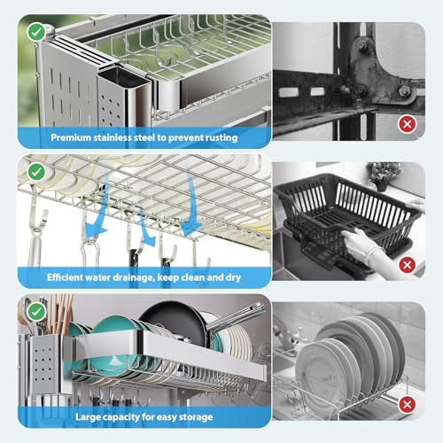 Shrivee Over The Sink Dish Drainer Drying Rack, 2 Tier Adjustable Width (20.87'' to 37.6'') 304 Stainless Steel Large Over Sink Dish Drying Rack for Kitchen Counter Organizer, (Silver) - My Kitchen Products