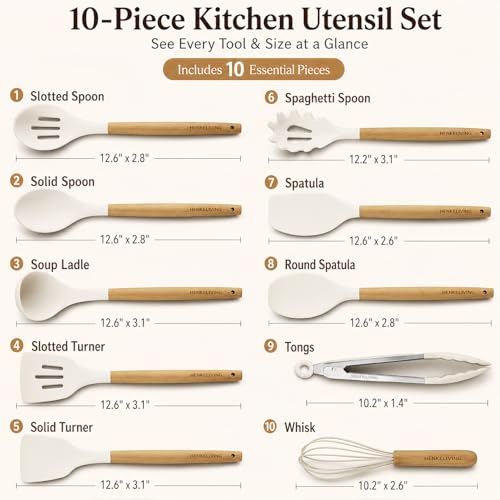 Silicone 10 Pcs Kitchen Cooking Utensils Set, Recycled Materials Certification, BPA Free Spatula Set with Heat Resistant Wood Handles for Nonstick Cookware, Cream White - My Kitchen Products