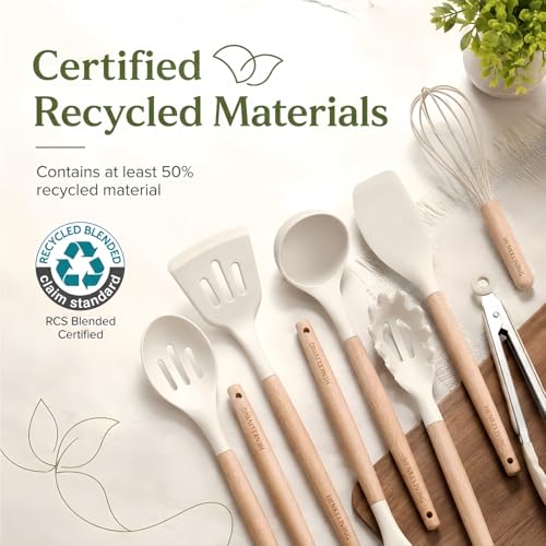 Silicone 10 Pcs Kitchen Cooking Utensils Set, Recycled Materials Certification, BPA Free Spatula Set with Heat Resistant Wood Handles for Nonstick Cookware, Cream White - My Kitchen Products