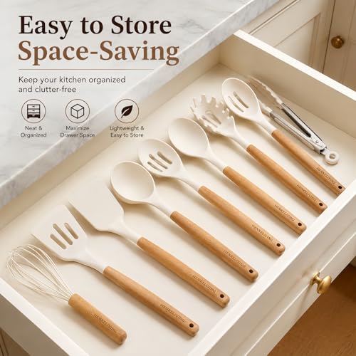 Silicone 10 Pcs Kitchen Cooking Utensils Set, Recycled Materials Certification, BPA Free Spatula Set with Heat Resistant Wood Handles for Nonstick Cookware, Cream White - My Kitchen Products
