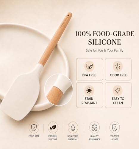 Silicone 10 Pcs Kitchen Cooking Utensils Set, Recycled Materials Certification, BPA Free Spatula Set with Heat Resistant Wood Handles for Nonstick Cookware, Cream White - My Kitchen Products
