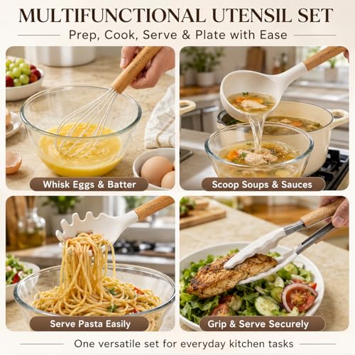 Silicone 10 Pcs Kitchen Cooking Utensils Set, Recycled Materials Certification, BPA Free Spatula Set with Heat Resistant Wood Handles for Nonstick Cookware, Cream White - My Kitchen Products