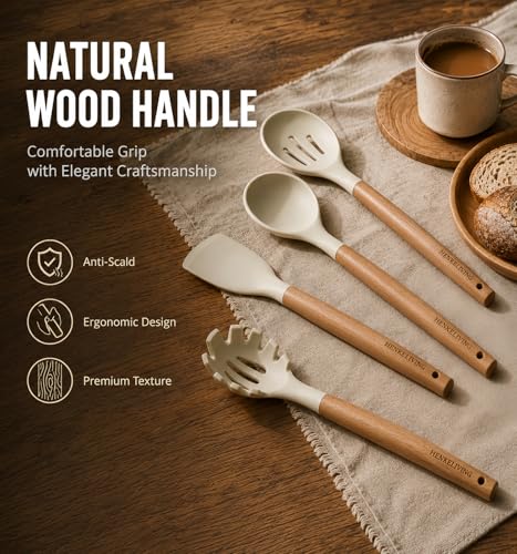 Silicone 10 Pcs Kitchen Cooking Utensils Set, Recycled Materials Certification, BPA Free Spatula Set with Heat Resistant Wood Handles for Nonstick Cookware, Cream White - My Kitchen Products