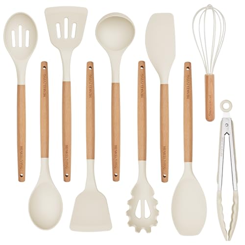 Silicone 10 Pcs Kitchen Cooking Utensils Set, Recycled Materials Certification, BPA Free Spatula Set with Heat Resistant Wood Handles for Nonstick Cookware, Cream White - My Kitchen Products