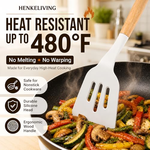 Silicone 10 Pcs Kitchen Cooking Utensils Set, Recycled Materials Certification, BPA Free Spatula Set with Heat Resistant Wood Handles for Nonstick Cookware, Cream White - My Kitchen Products