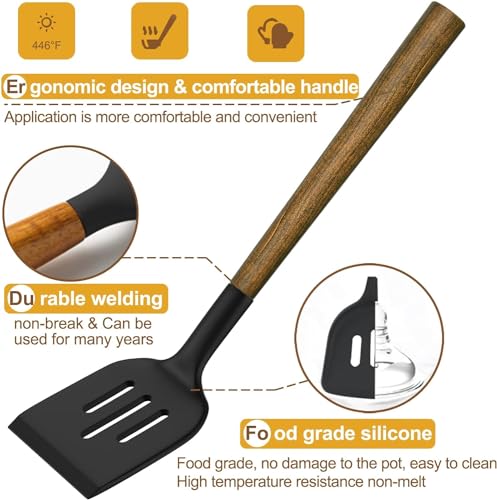 Silicone Cooking Utensil Set, Umite Chef 8-Piece Kitchen Utensils Set with Natural Acacia Wooden Handles,Food-Grade-Silicone Kitchen Gadgets Spatulas Set for Nonstick Cookware- Black - My Kitchen Products