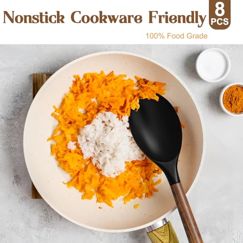 Silicone Cooking Utensil Set, Umite Chef 8-Piece Kitchen Utensils Set with Natural Acacia Wooden Handles,Food-Grade-Silicone Kitchen Gadgets Spatulas Set for Nonstick Cookware- Black - My Kitchen Products