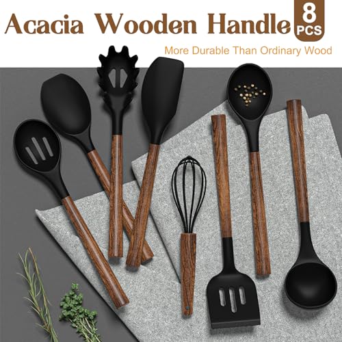 Silicone Cooking Utensil Set, Umite Chef 8-Piece Kitchen Utensils Set with Natural Acacia Wooden Handles,Food-Grade-Silicone Kitchen Gadgets Spatulas Set for Nonstick Cookware- Black - My Kitchen Products