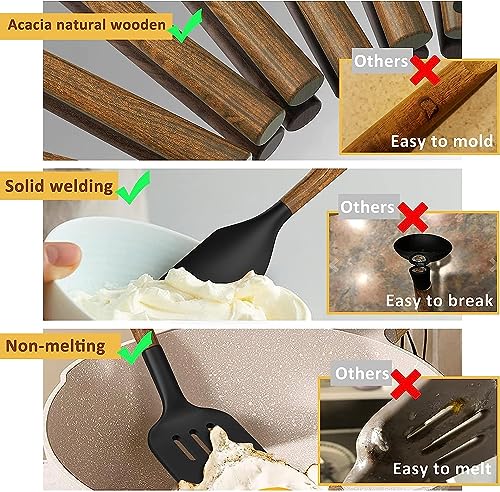 Silicone Cooking Utensil Set, Umite Chef 8-Piece Kitchen Utensils Set with Natural Acacia Wooden Handles,Food-Grade-Silicone Kitchen Gadgets Spatulas Set for Nonstick Cookware- Black - My Kitchen Products