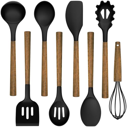 Silicone Cooking Utensil Set, Umite Chef 8-Piece Kitchen Utensils Set with Natural Acacia Wooden Handles,Food-Grade-Silicone Kitchen Gadgets Spatulas Set for Nonstick Cookware- Black - My Kitchen Products