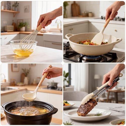 Silicone Cooking Utensil Set,12 PCS Cooking Cookware Kitchen Utensils Set for Cooking, Nonstick 446°F Heat-Resistant Cookware Kitchen Tools of Spoon,Brush,Whisk,Spatula,Turner Tongs (Khaki) - My Kitchen Products