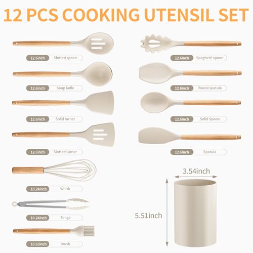 Silicone Cooking Utensil Set,12 PCS Cooking Cookware Kitchen Utensils Set for Cooking, Nonstick 446°F Heat-Resistant Cookware Kitchen Tools of Spoon,Brush,Whisk,Spatula,Turner Tongs (Khaki) - My Kitchen Products