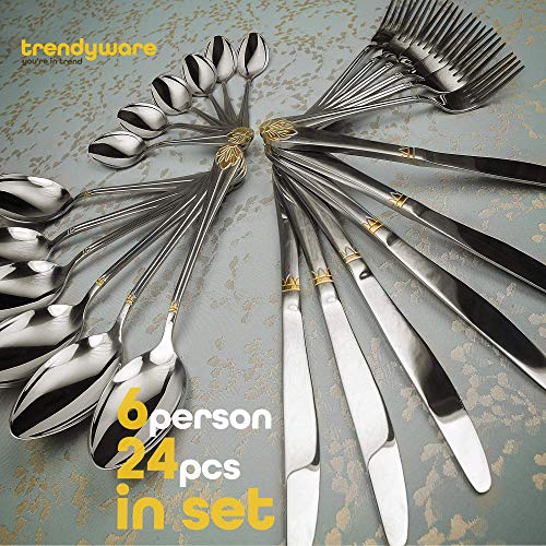 Silverware Set Limited Edition – 24 Piece Dinnerware Set – Flatware Set for 6 – Silver Tableware Set w/Gold Accents – Great for Family Gatherings & Daily Use – Spoons, Knives, Teaspoons, Forks - My Kitchen Products