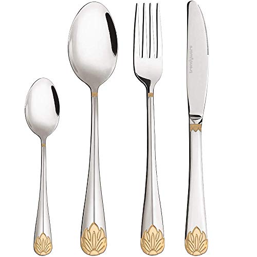 Silverware Set Limited Edition – 24 Piece Dinnerware Set – Flatware Set for 6 – Silver Tableware Set w/Gold Accents – Great for Family Gatherings & Daily Use – Spoons, Knives, Teaspoons, Forks - My Kitchen Products
