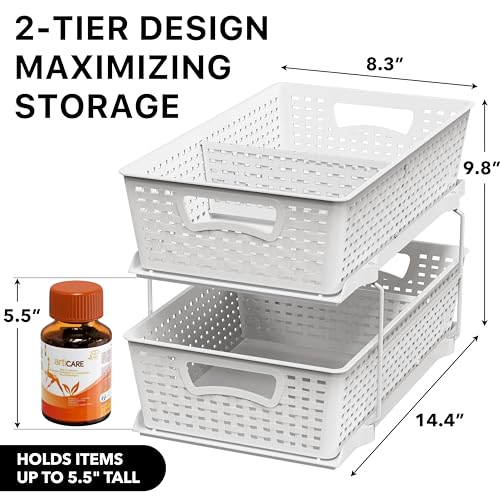 Simple Houseware 2 Tier Bathroom Organizer Tray Pull-Out Sliding Drawer, Under Sink Storage, White - My Kitchen Products
