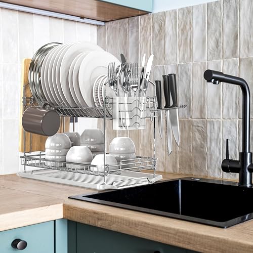 Simple Houseware 2-Tier Stainless Steel Dish Rack with Drainboard, Chrome for Kitchen - My Kitchen Products