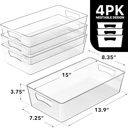 Simple Houseware 4 Pcs Kitchen Clear Bin Storage Organizer, 15" x 8" x 3.75" - My Kitchen Products