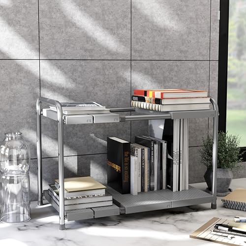 Simple Houseware Under Sink 2-Tier Heavy Duty Expandable Rack Organizer, Adjustable Width 15.75–25 Inches with 4 Shelf Height Levels, Silver - My Kitchen Products